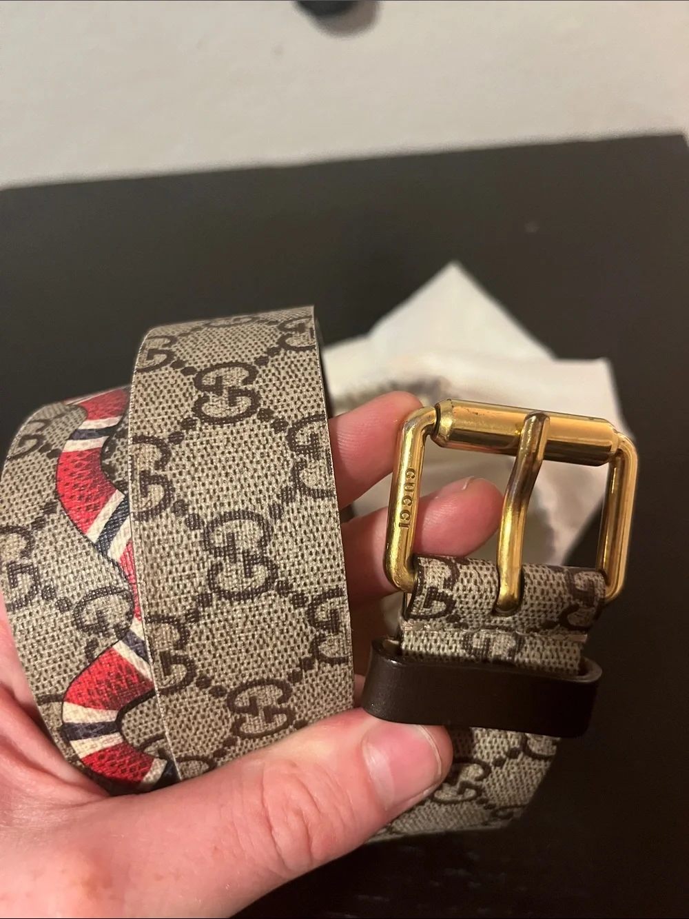 Gucci Beige Monogram Belt with Red and White Snake Motif